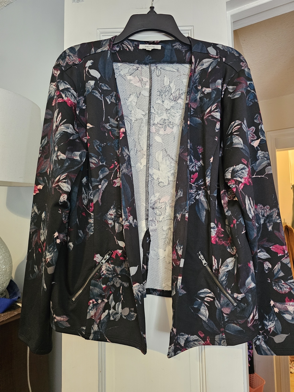 4/$25 Maurices Black Floral Open Blazer with Pink and Blue Accents